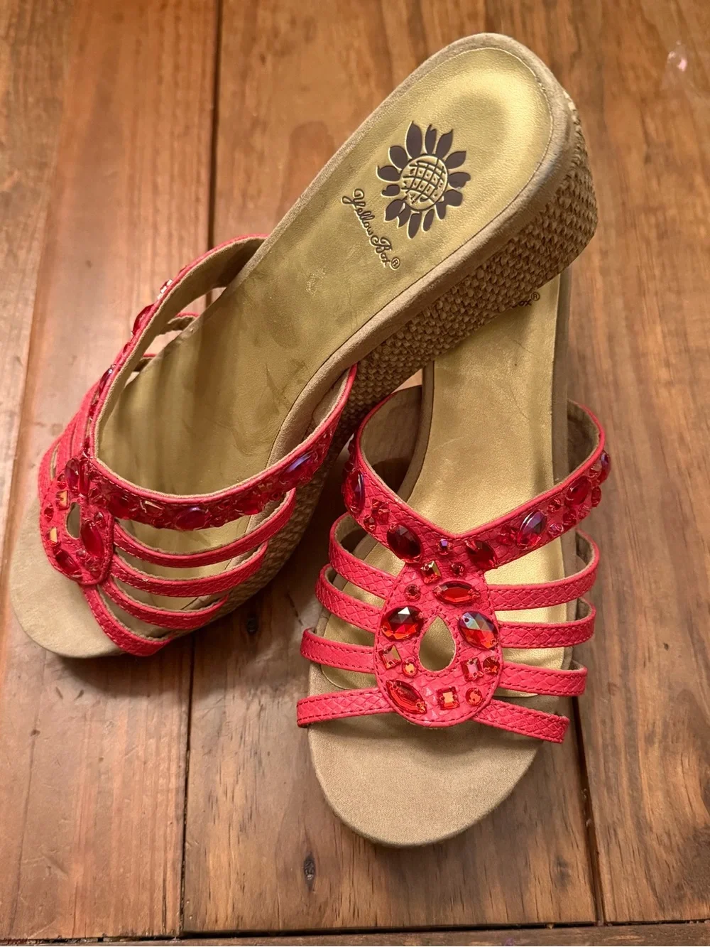 Yellow Box Coral Red Jeweled Wedge Sandals Size 8